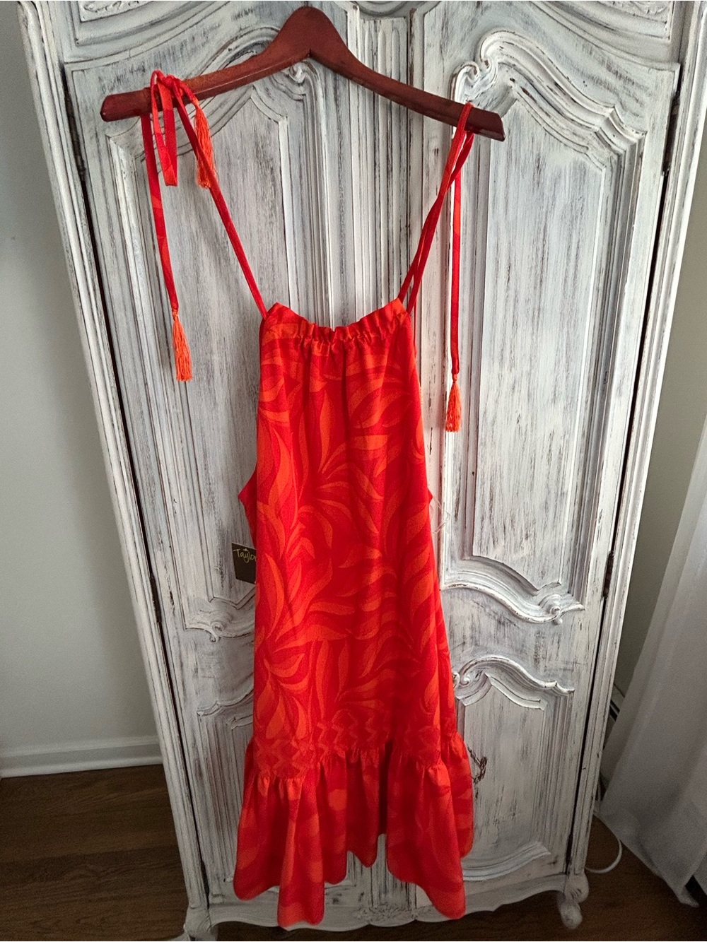 Taylor Bright Red-Orange Printed Ruffle Dress